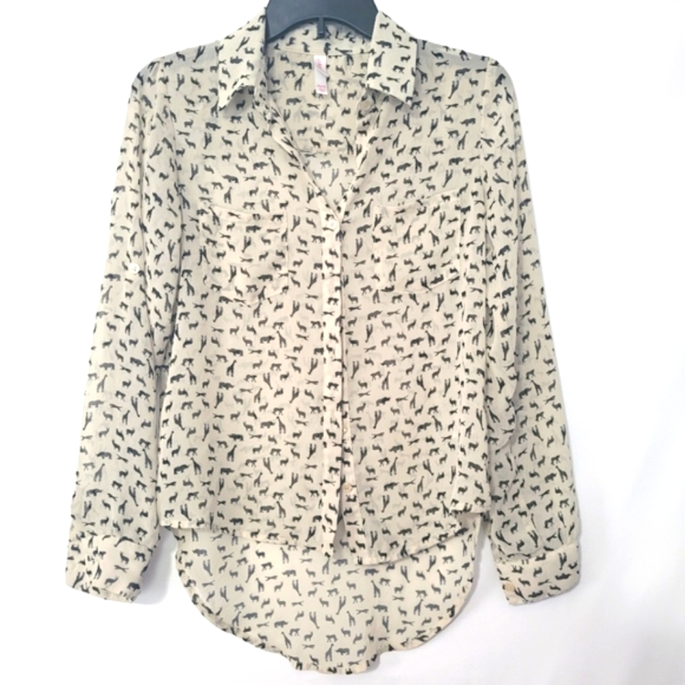 Xhilaration Safari Animal Print Button Down Blouse Semi Sheer XS